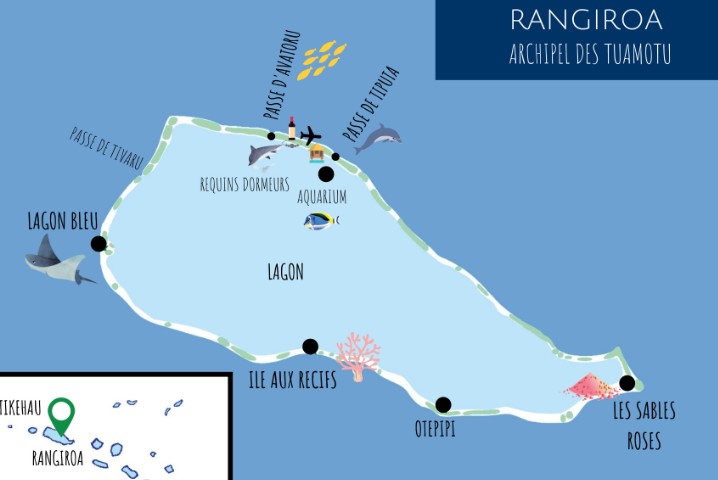 Carte de l'atoll de Rangiroa avec les destinations : Lagon Bleu, Île aux Récifs, Sables Roses, Passe d'Avatoru, Passe de Tiputa et l'Aquarium